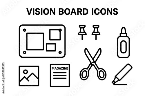 Vision Board Icons Set, Outline Style: Corkboard, Pushpins, Photos, Magazine Cutouts, Scissors, Glue Bottle, Marker Pen, Creative Planning Tools Vector Illustration