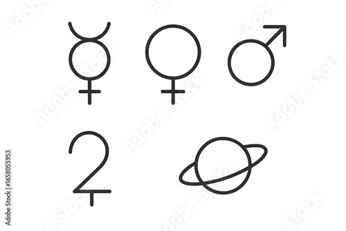 Planetary Symbol Icons Grid. Outline Vector Set of Astrology and Astronomy Planet Icons. Mercury, Venus, Mars, Jupiter, Saturn Ring Shapes. Zodiac, Horoscope, Space Science Illustration.