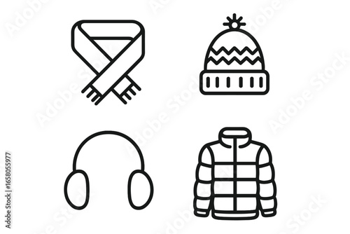 Winter Clothing Outline Icon Set for Skating and Outdoor Activities – Wool Scarf, Knitted Beanie, Ear Muffs, Puffer Jacket – Monochrome Vector Illustration Isolated Transparent Background