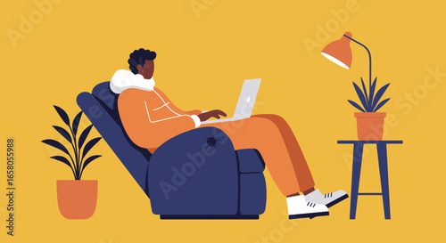 Relaxed man working remotely on a laptop in a cozy armchair. Ideal for concepts of home office, flexible work, and digital lifestyle.