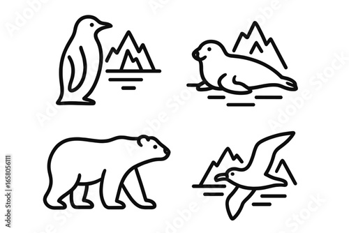Polar wildlife outline icon set. Arctic and Antarctic animal collection. Vector line art with penguin, polar bear, seal, albatross. Minimalist fauna symbols for nature concepts.
