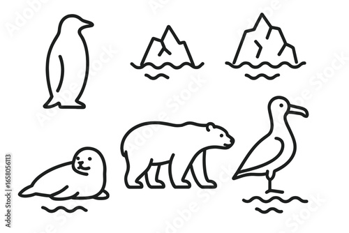 Polar wildlife icons set. Arctic and antarctic animal outline collection. Vector line art of penguin, polar bear, seal, albatross and iceberg. Minimalist symbols for design.