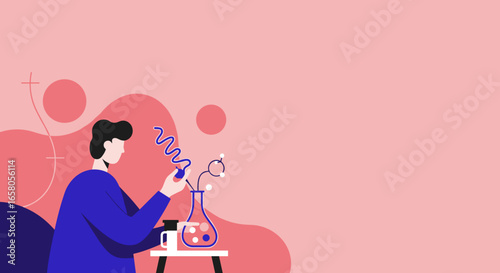 Modern illustration of a person engaged in scientific research or creative problem-solving in a laboratory setting. Ideal for education, innovation, and technology.