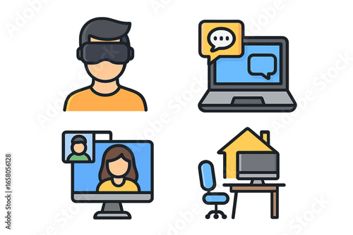 Remote work and virtual reality icon set. Home office, video conference, and digital communication symbols. Modern technology concepts for business, metaverse and online meetings.