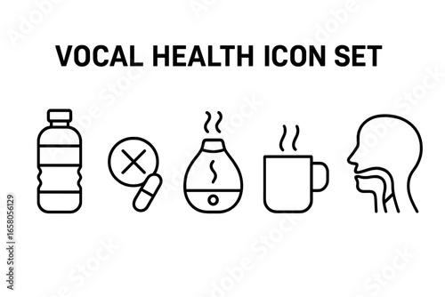 Vocal Health Icon Set with Outline Style Including Water Bottle, Throat Lozenge, Humidifier, Warm Tea Mug, and Vocal Anatomy Vector Illustration for Wellness and Care