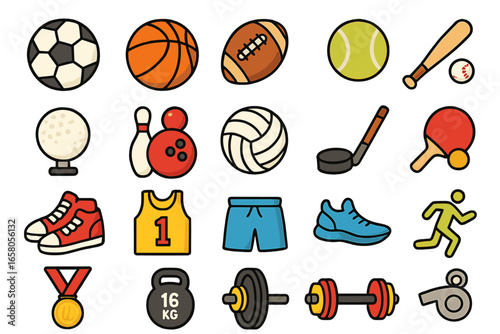 Sports icon set. Vector collection of flat sport equipment for games like soccer, basketball, baseball, football, tennis, and fitness. Athletic activity and gym training elements.