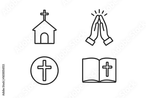 Christian religion line icons set. Church, praying hands, bible and cross symbols. Spiritual faith and worship outline vector illustrations. Minimalist prayer pictogram pack.