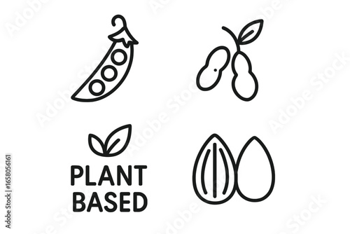 Plant-Based Icon Set of 4 Outline Style with Pea Pod, Soybean Cluster, Almond Silhouette, and Plant-Based Product Labels Vector Illustration on Transparent Background