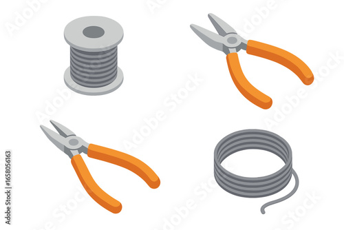 Isometric wire wrapping tools and techniques vector illustration. Wire spool, round nose pliers, chain nose pliers, coiled wire. Jewelry making, DIY crafts, metal work, detailed icons set