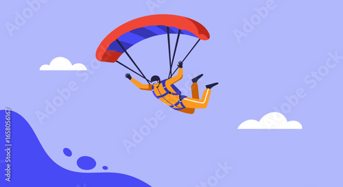 Skydiver with an open parachute descends through a clear blue sky, illustrating adventure, freedom, and the thrill of extreme sports or leisure travel.