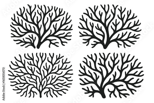 Set of four black tree of life silhouette icons. Organic circular root or branch pattern. Abstract coral reef logo. Concept of growth, connection, network, and family.