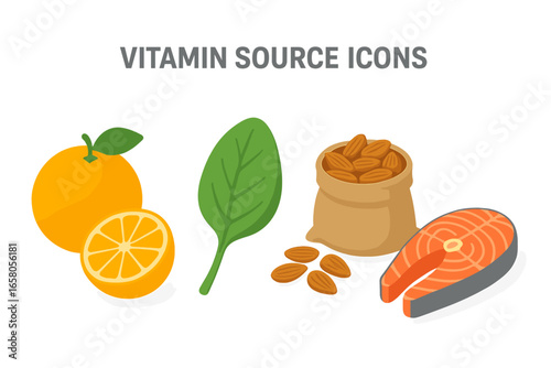 Isometric Flat Vector Icons of Vitamin and Mineral Food Sources with Citrus Orange, Spinach Leaf, Almonds Bag, and Salmon Fish Illustration for Health and Nutrition