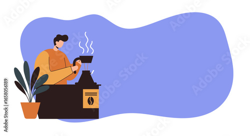 Illustration of a man making pour-over coffee, a mindful morning ritual for a cozy lifestyle. Perfect for coffee shop concepts, home brewing, or daily routine.