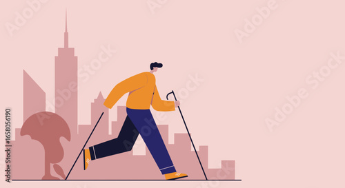 Active person Nordic walking in a vibrant urban park setting, promoting fitness, well-being, and an active city lifestyle.