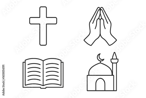 Religious and worship line icons set. Christian cross, praying hands, holy book, mosque. Spiritual faith symbols. Vector illustration pack for multicultural design concepts.