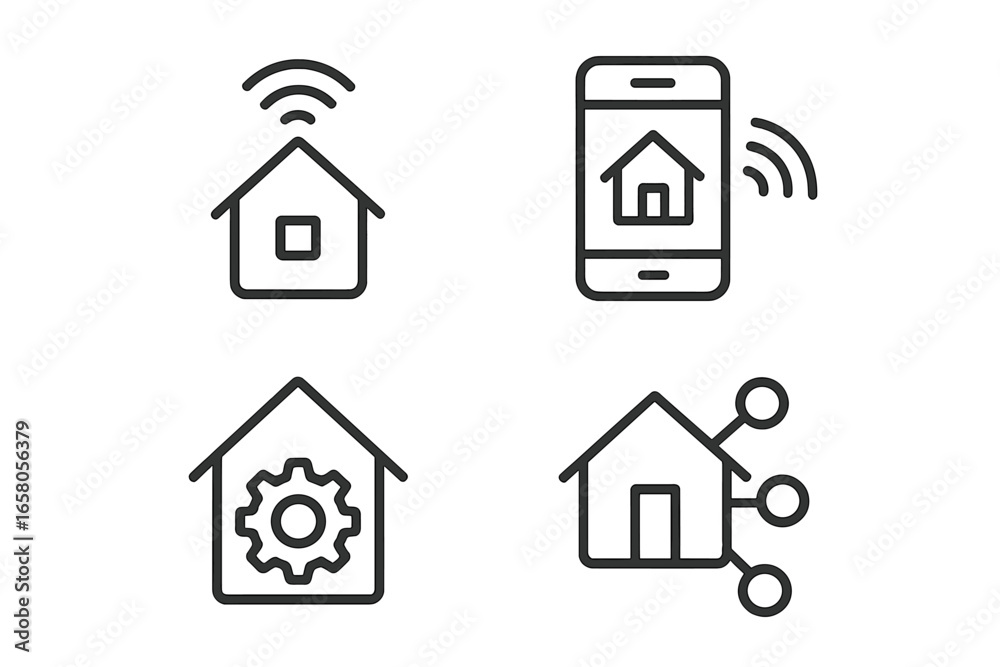 Smart home technology line icons set. Concept for internet of things, home automation system, remote control via mobile app. Connected house, wireless devices network symbols. Smart home technology line icons set. Concept for internet of things, home automation system, remote control via mobile app. Connected house, wireless devices network symbols.