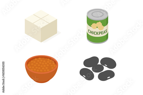 Isometric Flat Vector Icons Set of Plant-Based Protein Sources Including Tofu Block, Chickpeas Can, Lentil Bowl, and Black Beans, Healthy Vegan Food and Nutrition Illustration