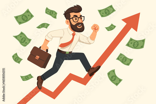 Successful businessman running up a rising graph arrow. Concept of career growth, financial success, investment, and profit. Hipster worker with briefcase and money flying.