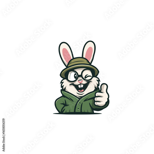 Cartoon rabbit wearing a hat and glasses giving a thumbs up with a happy expression on a white background