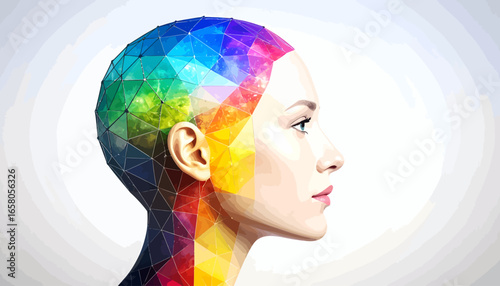 Conceptual portrait of a woman's profile with a colorful low-poly brain, symbolizing creativity, intelligence, and the spectrum of human thought.