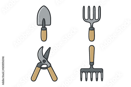 Gardening tools vector icon set. Garden work equipment. Hand trowel, spade, fork, rake, pruning shears. Agriculture, horticulture, farming concept. Isolated cartoon illustration.
