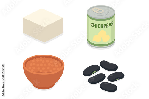 Isometric Flat Icon Set of Plant-Based Protein Sources Including Tofu Block, Chickpeas Can, Lentil Bowl, Black Beans – Vector Illustration for Vegan, Vegetarian Nutrition and Healthy Food Concepts