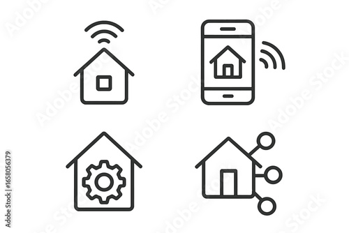 Smart home technology line icons set. Concept for internet of things, home automation system, remote control via mobile app. Connected house, wireless devices network symbols.