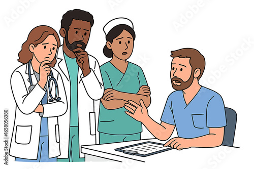Worried medical team in meeting. Doctors and nurse discussing challenging case. Concept for medical error, difficult diagnosis, second opinion, healthcare problem. Vector cartoon.