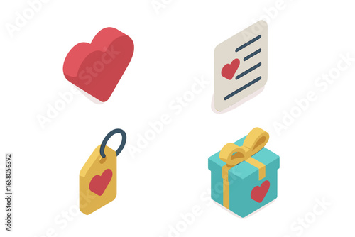 Isometric flat wishlist and favorites icon set with heart favorite, save for later tag, gift wishlist symbols, vector illustration, transparent background, digital shopping and user interface design