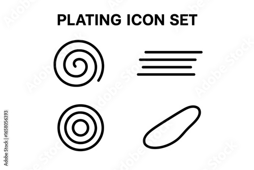 Set of 4 Plating Composition Outline Icons Featuring Circular Swirl, Linear Stripe, Concentric Rings, and Diagonal Smear Decorative Shapes in Vector Illustration
