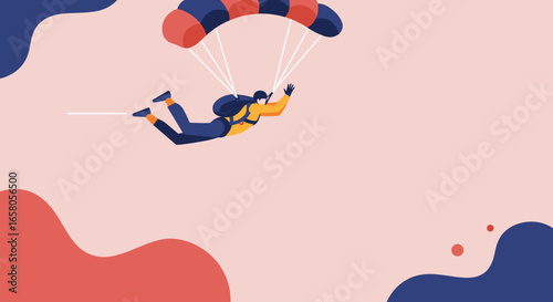 Skydiver descending with an open parachute, embodying freedom and adventure. Represents overcoming challenges and achieving goals in extreme sports.