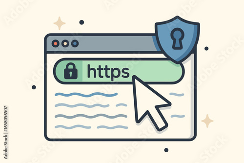 Concept of secure internet browsing with SSL encryption. Https protocol for data protection and safe connection. Browser window with lock and shield. Online privacy and cybersecurity.