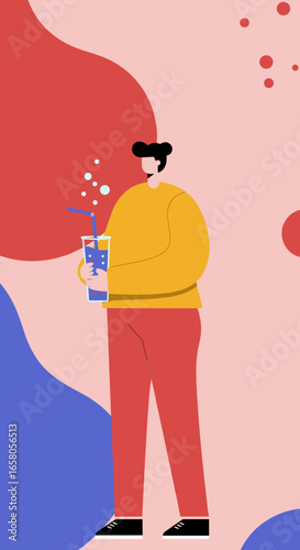 Modern illustration of a person holding a refreshing blue drink with a straw, set against a vibrant abstract background. Ideal for lifestyle, health, or beverage concepts.