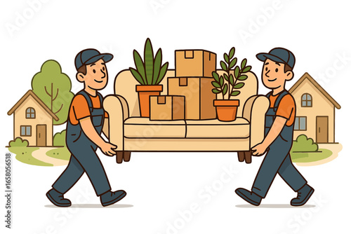 Two movers carrying a sofa with boxes and plants. Relocation service vector concept. Men in uniform moving furniture to a new home. Team of workers, delivery guys. Cartoon.