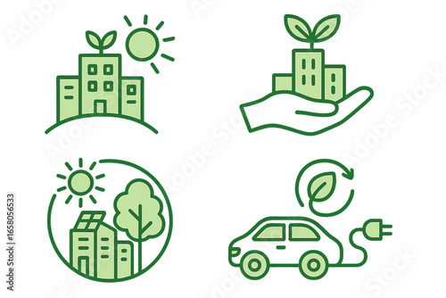 Sustainable city icon set. Green energy, eco friendly living, and environment conservation concept. Renewable energy, solar panel, electric car, and green building vector icons.