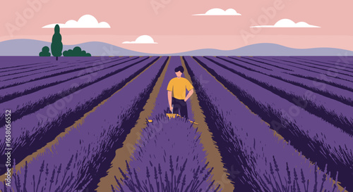 Person standing amidst vast lavender fields under a serene sky. Captures tranquility, agriculture, and natural beauty, ideal for travel or lifestyle themes.