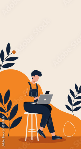 Person working remotely on laptop and phone in a modern, illustrative setting. Ideal for themes of productivity, digital work, and flexible lifestyle.
