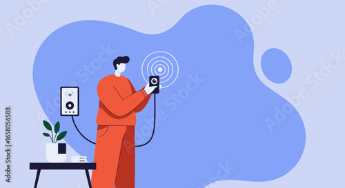 Man setting up or controlling a smart home system with a smartphone, connecting devices for automation, security, and modern living.