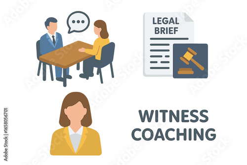 Isometric Witness Coaching and Legal Preparation Vector Icons. Attorney Client Meeting, Legal Brief, Court Gavel, Female Witness at Table. Law Consultation, Testimony, Advice Concept