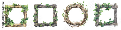 Set watercolor rectangular and circular shape frames with rustic wood, branches, and twisting vines leaves creeper for wedding invitations cards isolated on transparent background