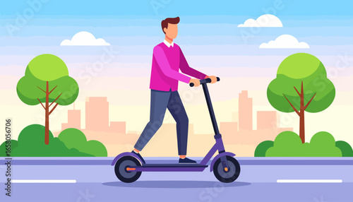 A man rides an electric scooter through a city, embodying modern eco-friendly urban mobility for daily life