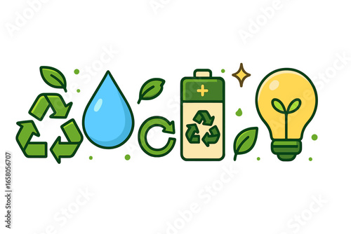Eco friendly icon set for sustainability. Green energy concept with recycling symbol, water drop, battery, and light bulb. Vector illustration for environment conservation.