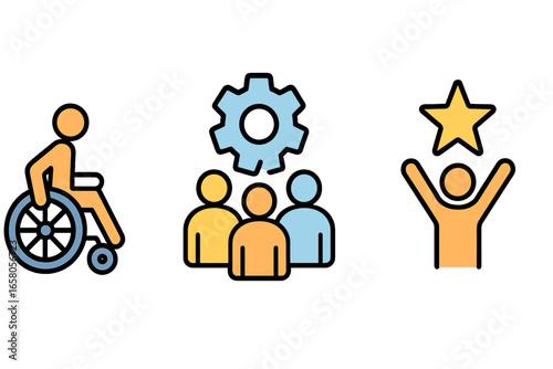 Vector icon set symbolizing accessibility, disability inclusion, and diversity. Concepts for teamwork, corporate collaboration, achievement, and goal success. Business support symbols.