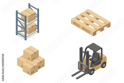 Warehouse Icon Set. Isometric Flat Vector Icons of Warehouse Storage Rack, Wooden Pallet, Stack of Boxes, Forklift Truck, Logistics, Shipping, Inventory, Supply Chain Illustration