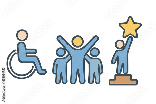 Accessibility, teamwork, achievement vector icon set. Concepts of inclusion, disability, collaboration, leadership, success, goals. Corporate business symbol collection.