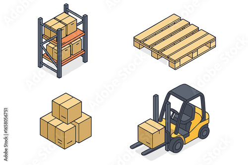 Isometric Warehouse Icon Set with Storage Pallet Rack, Wooden Pallet, Stacked Boxes, and Forklift Truck Vector Illustration for Industrial and Logistics Use