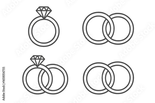 Wedding and engagement rings icon set. Marriage ceremony and proposal symbols. Linear vector illustration of diamond ring and couple bands for celebration of love and union.