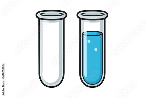 Laboratory glass test tubes illustration, one empty and one filled with blue liquid, scientific equipment clipart. Chemistry, biology, medical experiment icon. Transparent background vector.