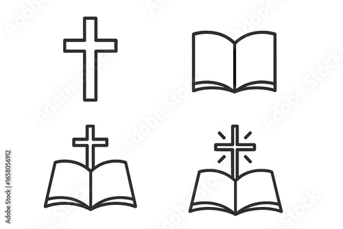 Minimalist Christian Cross and Bible Book Icons. Spiritual Faith Religious Symbols for Church, Christianity, Worship, Prayer. Modern Black Simple Vector Set Isolated on Transparent Background