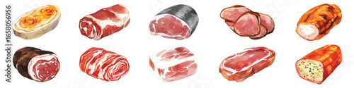 Set watercolor cuts of raw processed meat, ham, beef, and salami isolated on transparent background